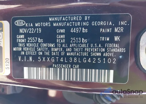 2020 Kia Optima Lx z USA, uszkodzony, nr VIN 5XXGT4L38LG425102